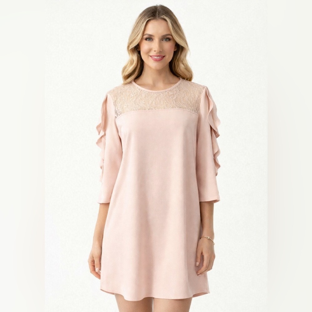 Tahari Levine Dress Pink 10 Ruffle 3/4 Sleeve Stretch Shift Career Church